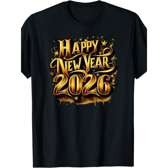 Men's & Women's 2026 Happy New Year Party T-Shirt - Black Short Sleeve Round Neck Plus Size Available, Chinese New Year & Holiday Celebration Outfit, Casual & Festive Wear Machine Washable