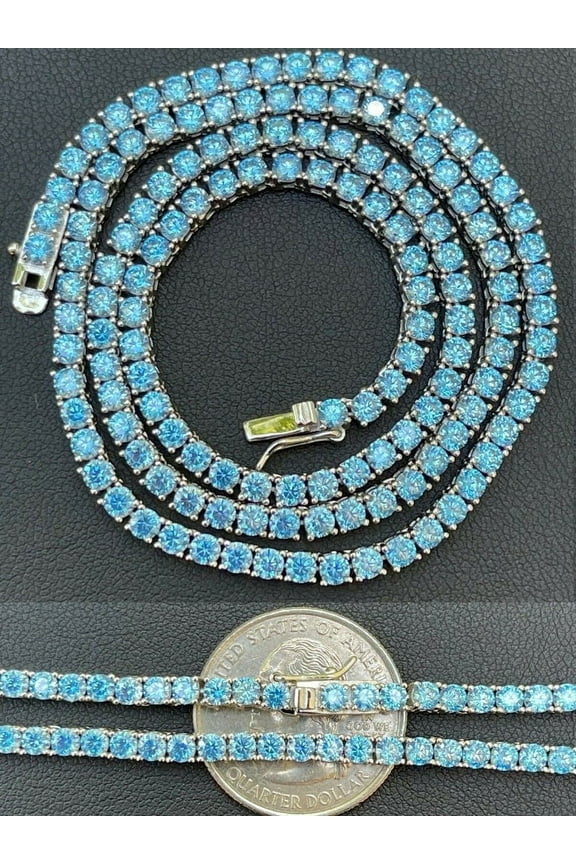 Men's Women's 3mm Real Solid 925 Sterling Silver Aqua Blue Aquamarine Tennis Necklace Chain