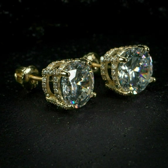 Men's Women's 4 TCW Round Cut Natural VS1/D Moissanite 14K Yellow Gold Plated Silver Stud Earrings