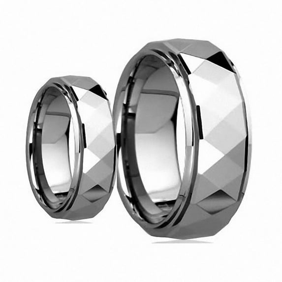 Men's & Women's 8MM/6MM Polished Facet Cut Shiny Tungsten Carbide Wedding Band Ring Set
