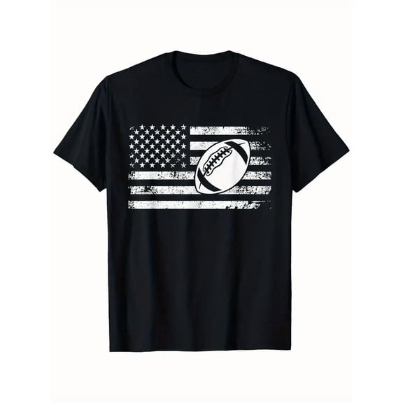 Men's & Women's American Football Patriotic T-Shirt - Distressed US Flag & Football Graphic, Black with White Stars & Stripes, Casual Round Neck Tee for Fourth of July, Sports