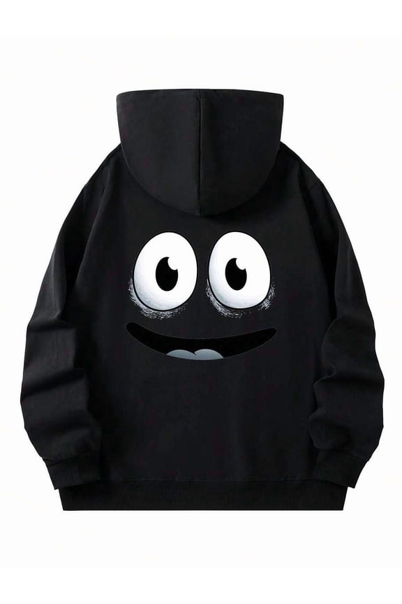 Men's & Women's Black Oversized Hoodie With Smile Face & Eyes Print - Loose Fit Streetwear Sweatshirt, Minimalist Smiling Face Design, Unisex Pullover Hooded Jacket For Gym & Casual Wear, Machine Was