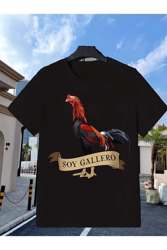 Men's & Women's Black Rooster & Soy Gallero Print T-Shirt - Casual All-Season Fit Tee Suitable for, Outdoor & Casual Attire - Machine Washable Unisex Top with Rooster Design