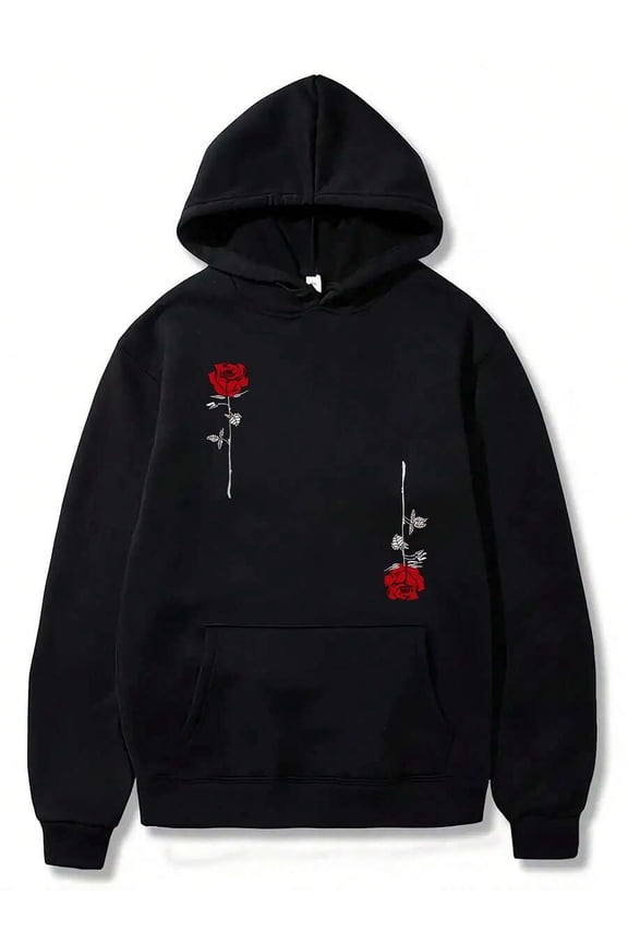 Men's And Women's Black Rose Print Hoodie - Supports Local , Cotton Blend Pullover With  Pocket, Medium Weight Texture, All-Season Casual Sportswear, Machine Washable, Comfortable Sportswear, Cotton
