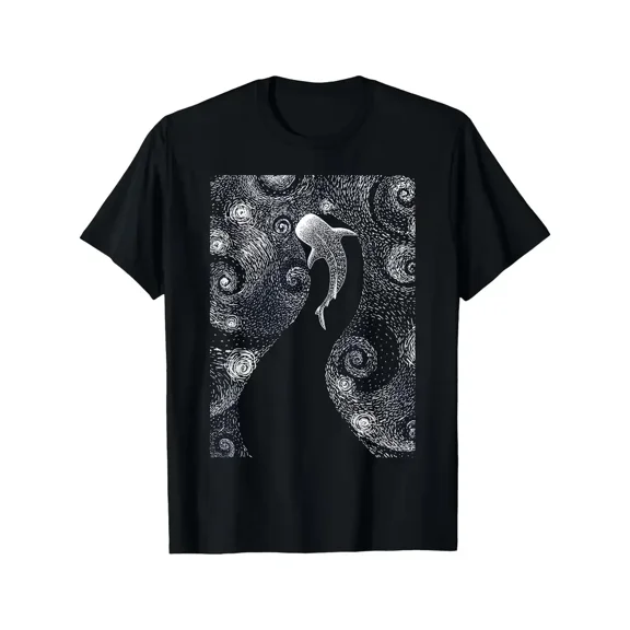 Men's & Women's Black Whale Shark T-Shirt - Soft Breathable Regular Fit Short Sleeve Tee with White Whale Shark & Ocean Pattern, Marine Life Design - Casual Beachwear, Shark