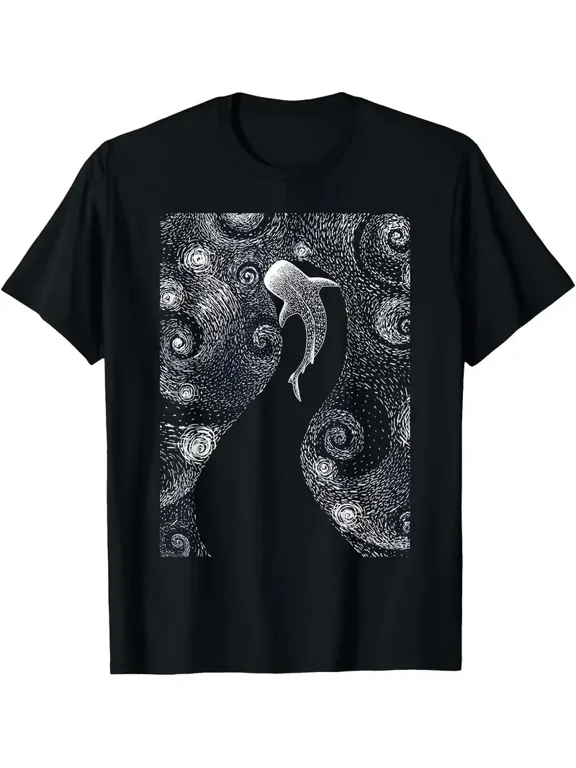 Men's & Women's Black Whale Shark T-Shirt - Soft Breathable Regular Fit Short Sleeve Tee with White Whale Shark & Ocean Pattern, Marine Life Design - Casual Beachwear, Shark
