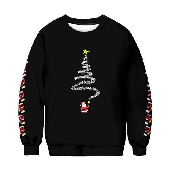 Men's and Women's Casual Christmas Printed Long Sleeve Fleece Sweatshirts - Thick and Warm Round Neck Design for Holiday Season and Winter Wear,Black,XL