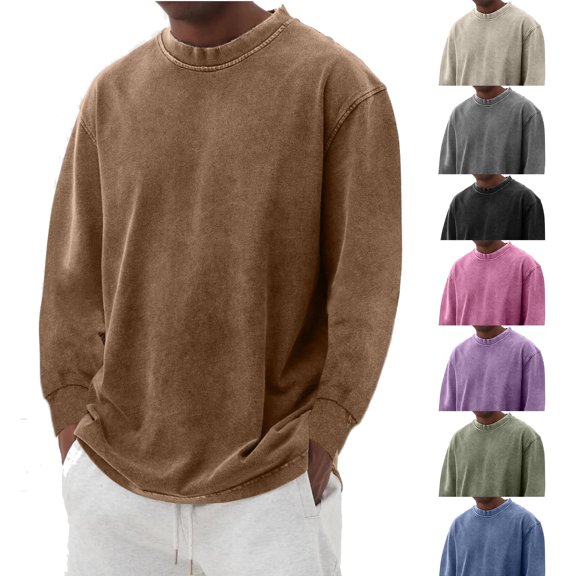 Men's and Women's Casual Heavyweight Washed Distressed Long Sleeve Cotton Top, Off Shoulder Retro Loose Round Neck Pullover for Unisex Streetwear and Daily Fashion,Purple,S
