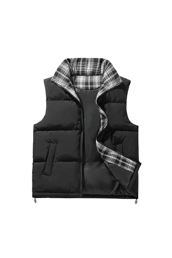 Men's and Women's Casual Inner and Outer Color-matched Checkered Vest with Stand-up Collar Thickened Warm Zipper Sleeveless, Unisex Vest for Fashion,Black,XL