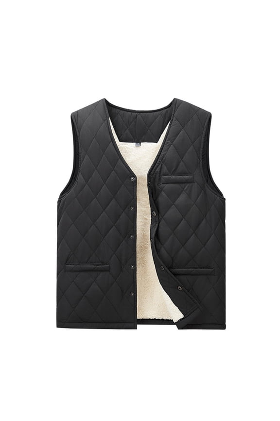 Men's and Women's Casual Solid Color Embossed Checkered Texture V-neck Zipper Fleece Warm Sleeveless Cotton Vest, Unisex Vest for Style and Warmth,Black,XL
