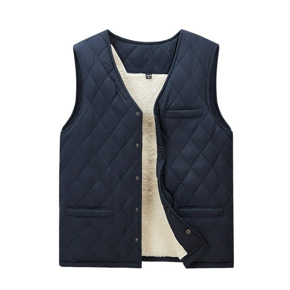 Men's and Women's Casual Solid Color Embossed Checkered Texture V-neck Zipper Fleece Warm Sleeveless Cotton Vest, Unisex Vest for Style and Warmth,Dark Blue,2XL