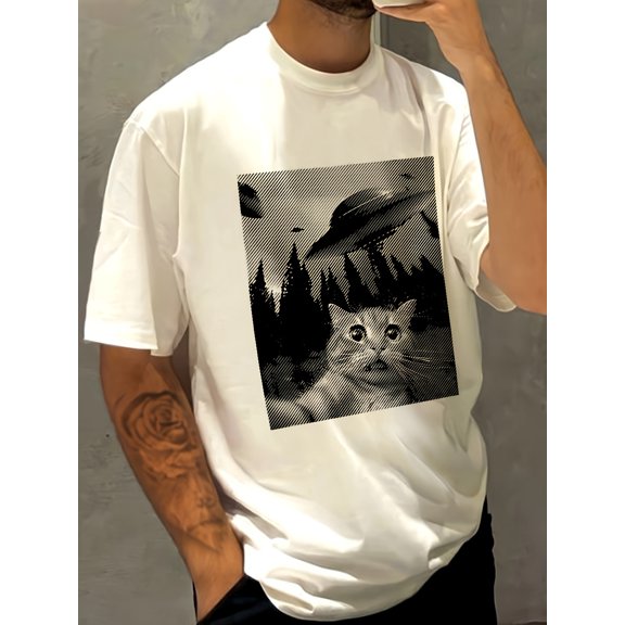 Men's & Women's Casual T-Shirt - Cute Cat & UFO Print, Short Sleeve, Loose Fit, , Machine Washable - Ideal for Summer