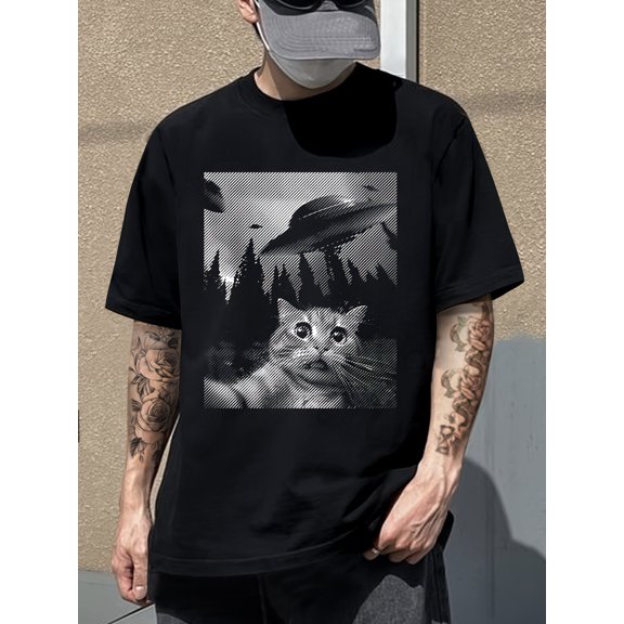Men's & Women's Casual T-Shirt - Cute Cat & UFO Print, Short Sleeve, Loose Fit, , Machine Washable - Ideal for Summer