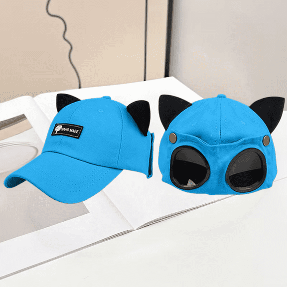 Men's and Women's Cat Ear Baseball Cap, Cotton Blend Flip Down Visor Baseball Hat, Unisex Cat Ears Sun Visor Cap with Reversible Goggles for Riding, Hiking, Baseball and Travel Blue