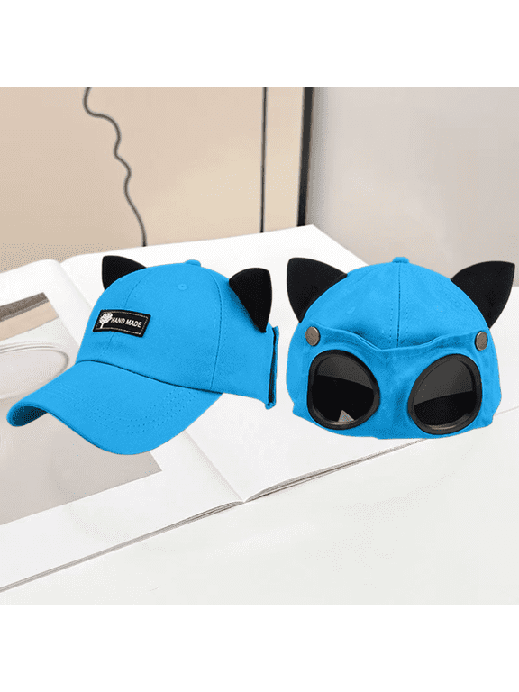 Men's and Women's Cat Ear Baseball Cap, Cotton Blend Flip Down Visor Baseball Hat, Unisex Cat Ears Sun Visor Cap with Reversible Goggles for Riding, Hiking, Baseball and Travel Blue