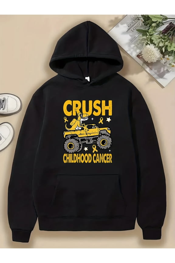Men's & Women's Childhood Cancer Awareness Hoodie - Monster Truck & Dinosaur Crush Graphic with Golden Ribbon, Black/Yellow Cancer Apparel, Casual Sweatshirt for Charity Events & Casual Attire