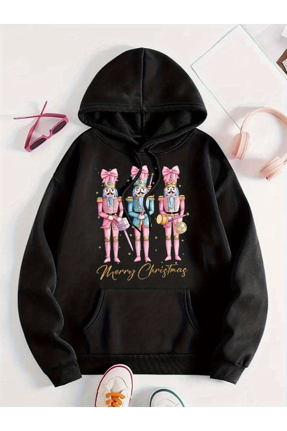 Men's & Women's Christmas Nutcracker Soldier Print Hooded Sweatshirt - Cozy Pullover Hoodie with Nutcracker March Design, Machine Washable Holiday Sweater for Xmas Parties & Winter Casual Wear