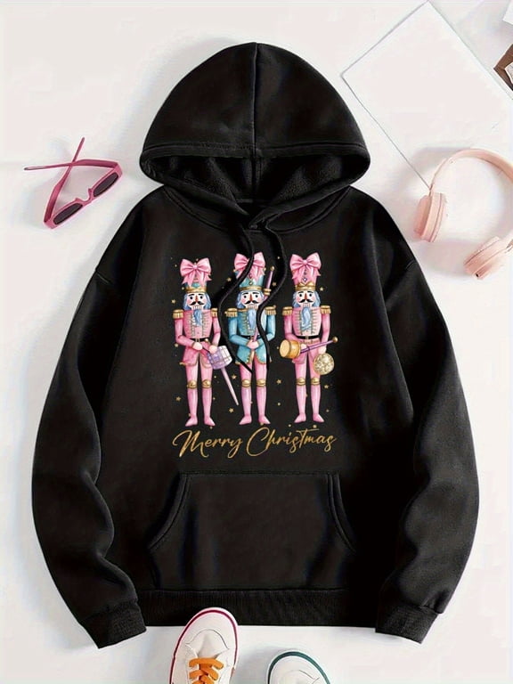 Men's & Women's Christmas Nutcracker Soldier Print Hooded Sweatshirt - Cozy Pullover Hoodie with Nutcracker March Design, Machine Washable Holiday Sweater for Xmas Parties & Winter Casual Wear