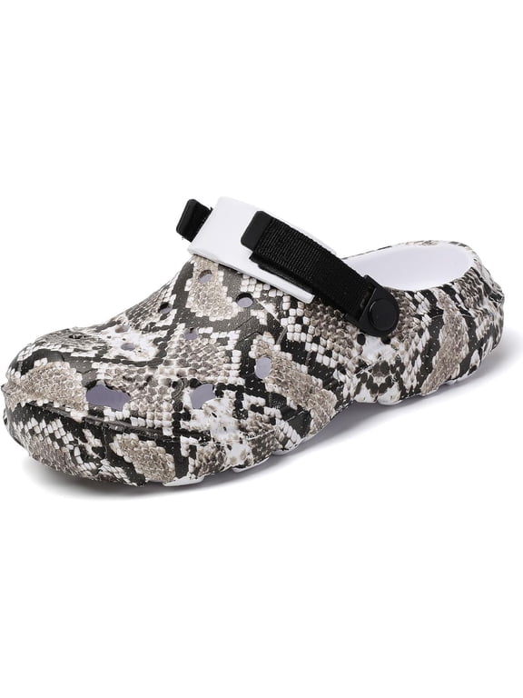Men's Women's Clogs Slip On Waterproof Garden Shoes, Snake Printed Lightweight Non-Slip Comfort Mules with Adjustable Strap for Outdoor Indoor