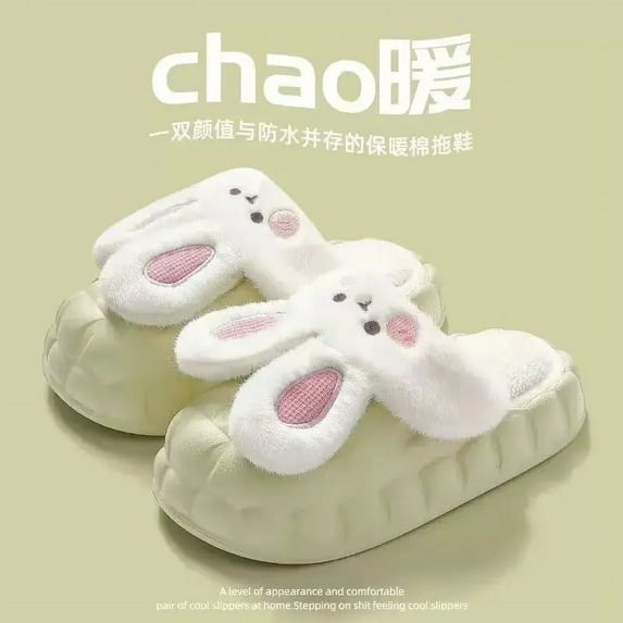 Men's Women's Cute rabbit plush cotton slippers thin detachable non-slip indoor home slipper shoes (Diamond Bunny-Green,36-37)