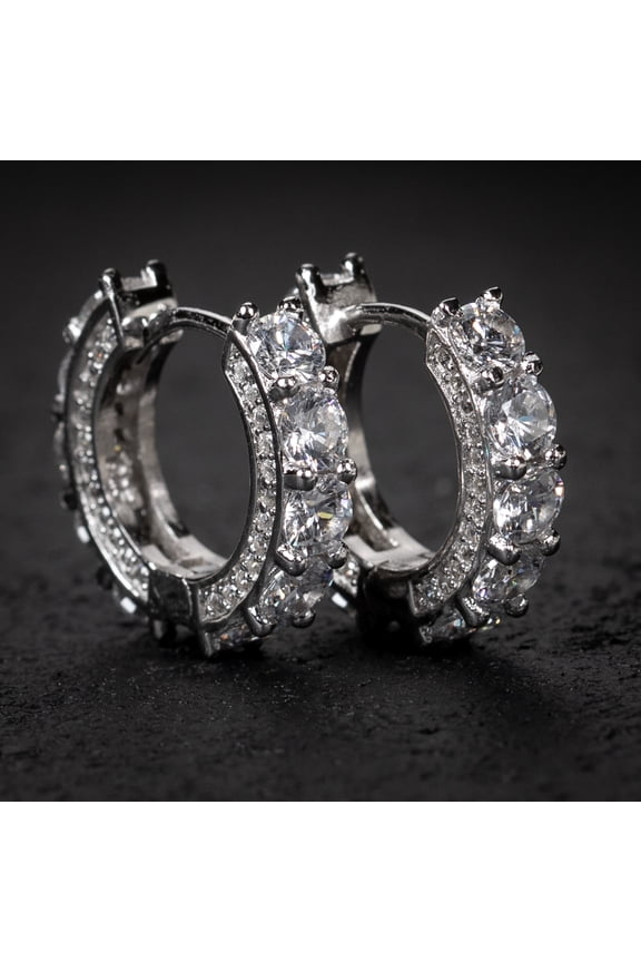 Men's Women's Elegant Fully Iced Cz Unisex White Gold Plated 925 Sterling Silver Post Hoops Big Stone Cubic Zirconia 12mm Huggie Hoop Earrings