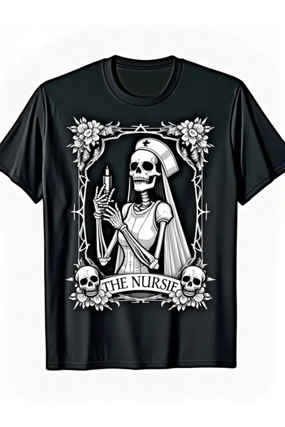 Men's & Women's Gothic Nursing T-Shirt - 100% Cotton Day of the Dead The Nurse Skeleton Print with Medical Symbols, Short Sleeve Round Neck Casual Tee for Nurses, Medical