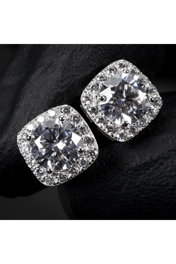 Men's Women's Square Halo Brilliant Sterling Silver Screw Back Post Iced Elegant Cz Cube Shape Hip Hop Stud Round Circle 5A Cz Unisex Small 10mm Earrings