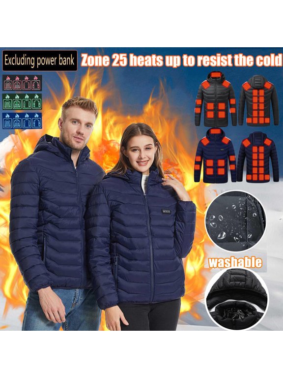 Men's Women's Heated Down Jackets Windproof Plus Size 25 Heated Jacket Coat USB Intelligent Constant Temperature Heated Coat Outerwear Black XS