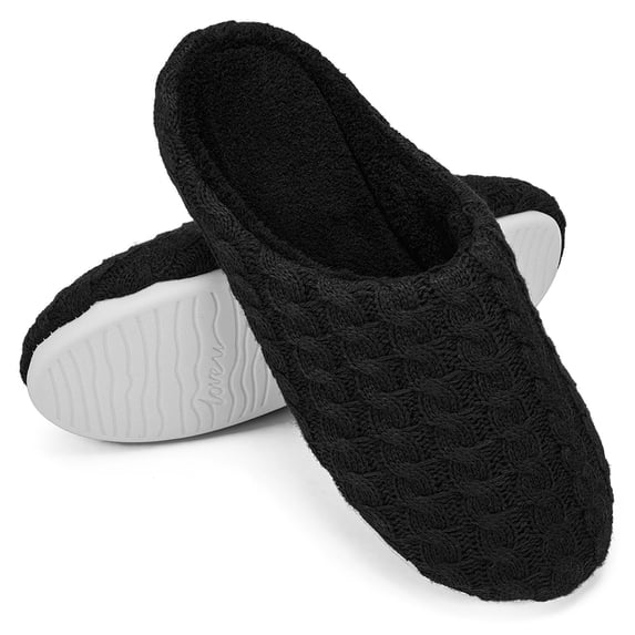 Men's Women's Home Slippers with Cozy Fleece Lining, Closed Toe Indoor Outdoor Slippers with Anti-Skid Rubber Sole, Black