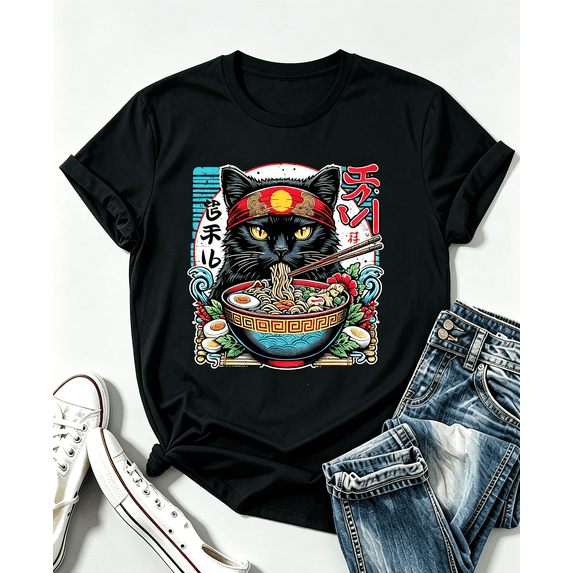 Men's & Women's Japanese Anime Kawaii Cat & Ramen Noodle T-Shirt