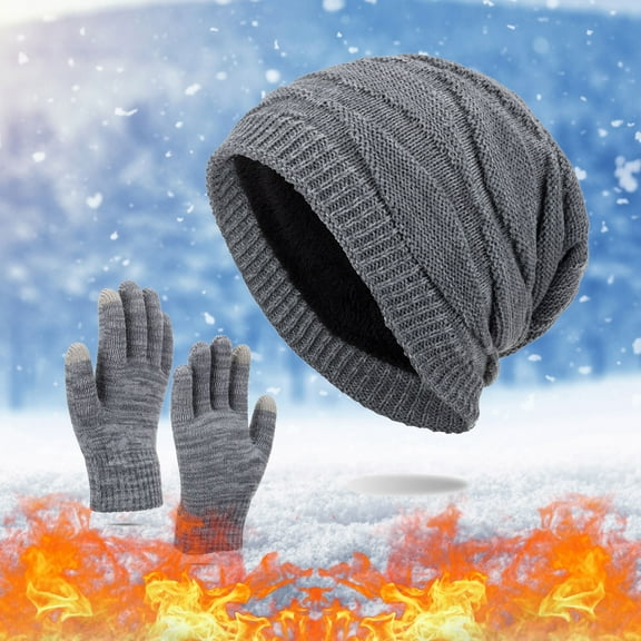 Men's and Women's Knit Hat and Gloves Set, Thermal Fleece Lined Winter Ear Protection Set, Thickened Warm Two-Piece for Cold Weather, Solid Color Unisex Winter Accessories for Outdoor Activities Grey