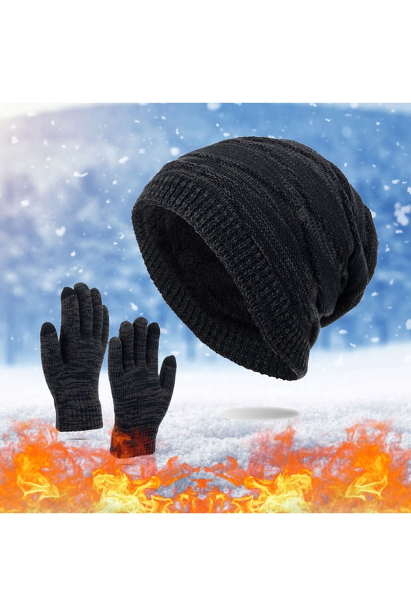 Men's and Women's Knit Hat and Gloves Set, Thermal Fleece Lined Winter Ear Protection Set, Thickened Warm Two-Piece for Cold Weather, Solid Color Unisex Winter Accessories for Outdoor Activities Navy