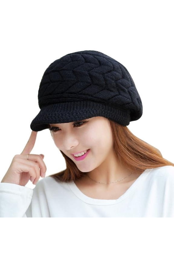 Men's Women's Knit Skull Cap with Peeked Brim, Soft Plush Interior, Perfect for Fall and Winter Fashion. Black 1PC