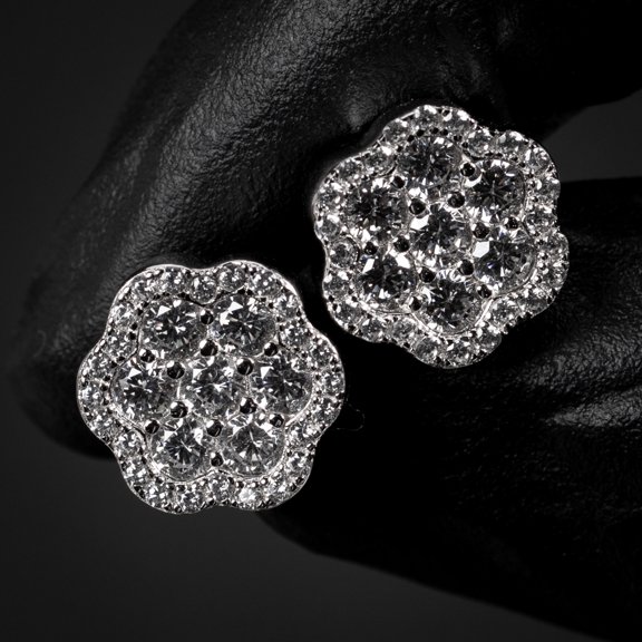 Men's Women's Large 925 Sterling Silver Flower Set Cluster Stud Hip Hop Earrings