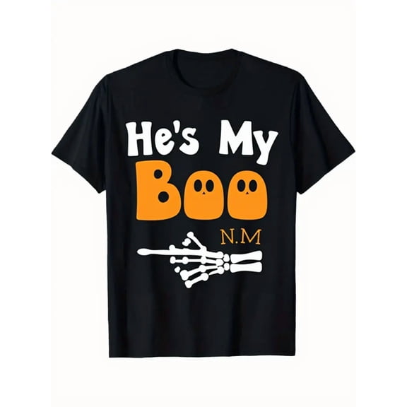 Men's & Women's His & Hers Matching Halloween T-Shirt - He's My Boo NM & NM Initials with Bats & Skeleton Hands Print - Soft Cotton Short Sleeve Crew Neck Casual Tee for
