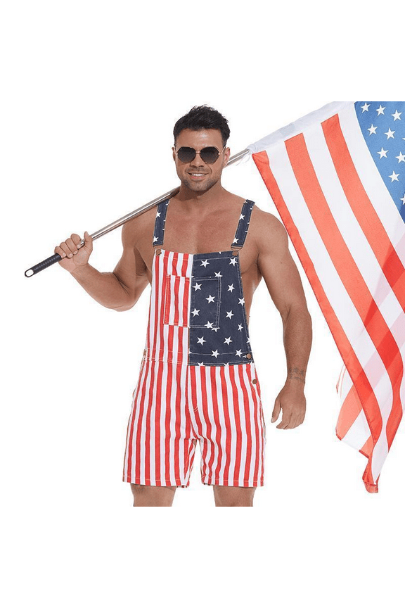 Men's & Women's Overalls USA America Flag Print Bib Pants Jumpsuit Romper Shorts