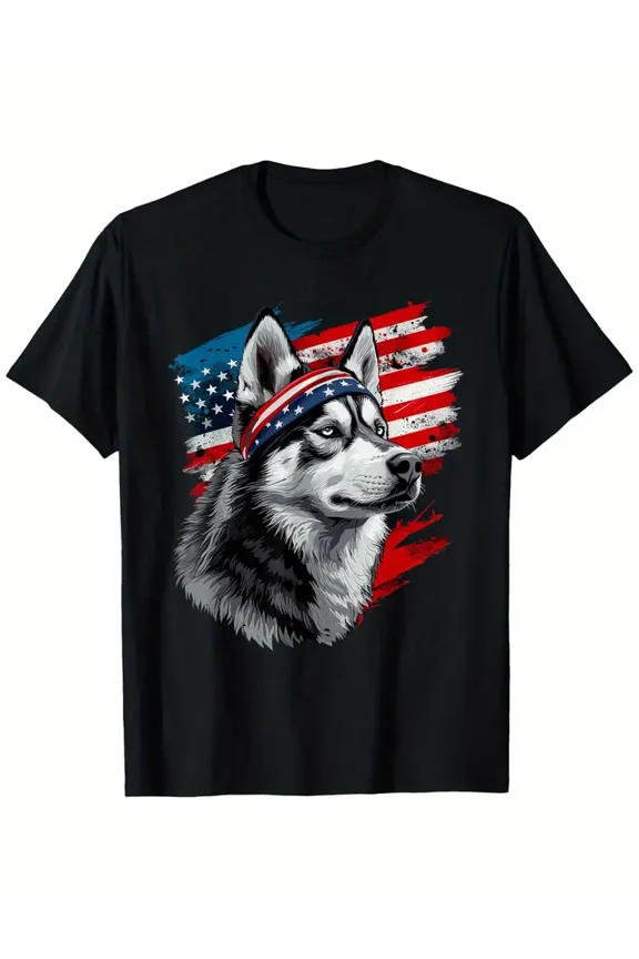 Men's & Women's Patriotic Siberian Husky American Flag T-Shirt - 4th of July Independence Day Apparel - Heavyweight 180gsm Cotton Crewneck Tee - Loose Fit Husky Graphic Shirt
