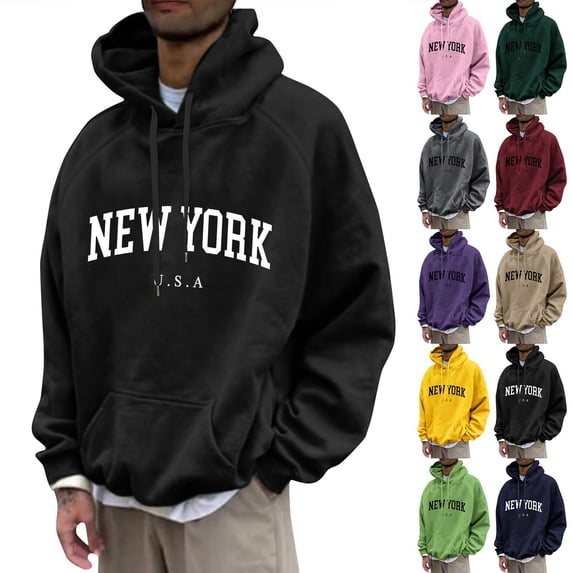 Men's & Women's Raglan Sleeve Pullover Hoodie with NEW YORK Print, Unisex Loose Fit Sweatshirt, Casual Streetwear for Christmas, Travel, and Weekend Outings,Navy,XL