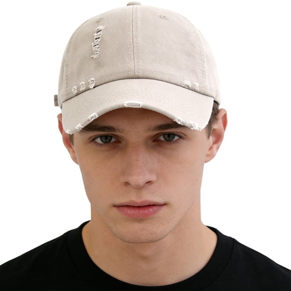 Men's and Women's Ripped & Distressed Baseball Cap, Washed Vintage Dad Hat with Hole Details, Soft Top Classic Fit Cap for Spring and Autumn Casual Wear Beige