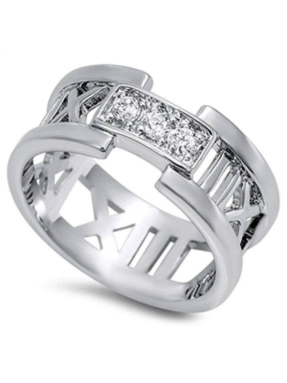 Men's Women's Roman Number Clear CZ Ring 925 Sterling Silver Band White Jewelry Female Size 8