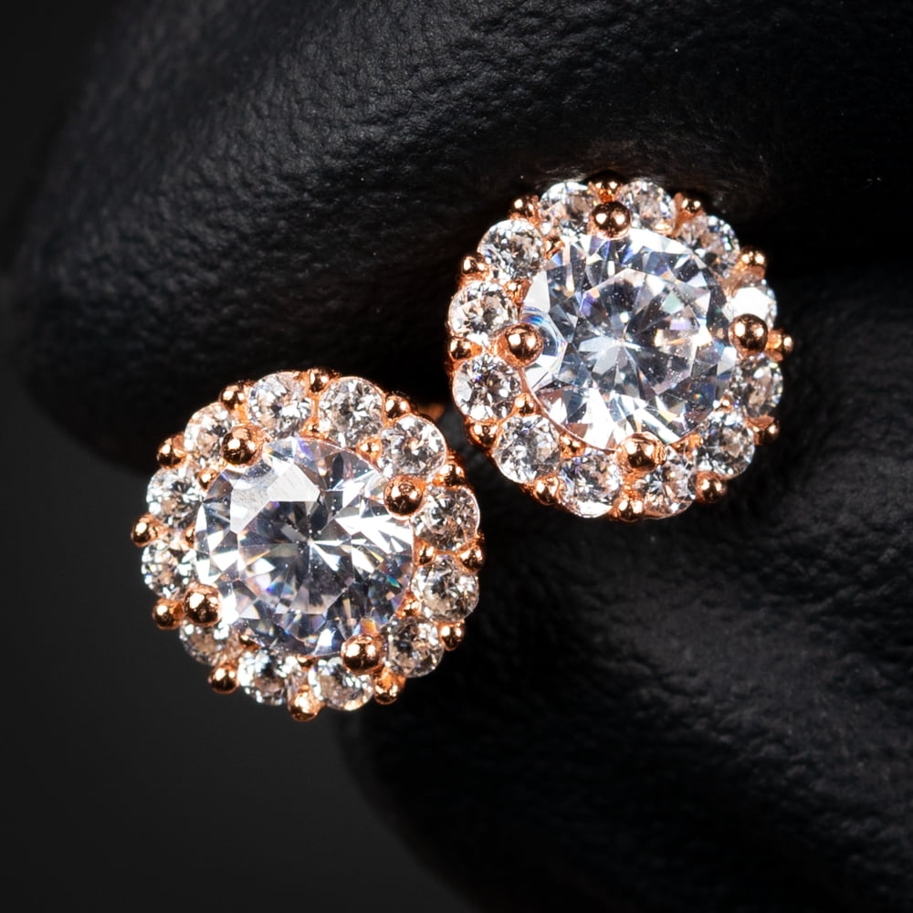 Men's Women's Round Cut CZ Rose Gold 925 Sterling Silver Small Halo Screw Back Stud Earrings