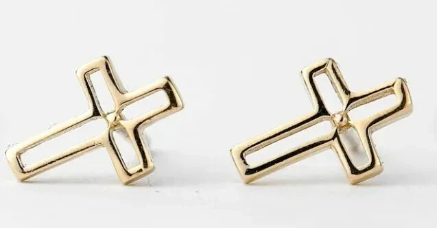 Men's Women's Small Cross Push Back Stud Earring 925 Sterling Silver 14K Yellow Gold Plated