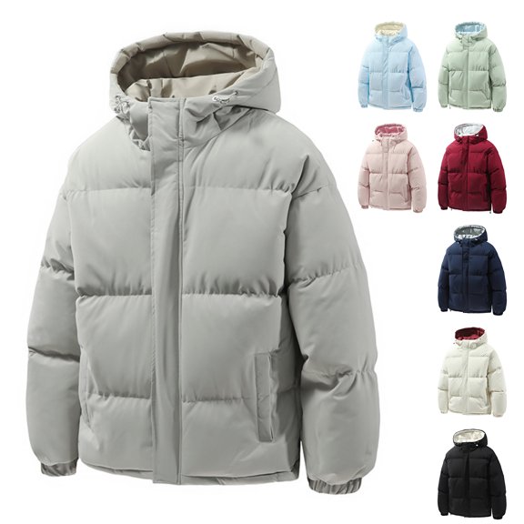 Men's and Women's Solid-color Casual Down Cotton-padded Jacket with Fleece Thickened Hooded Style for Winter Activities, Daily Comfort, and Holiday Season Wear,Pink,L