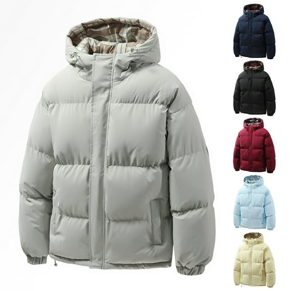 Men's and Women's Solid-color Casual Down Cotton-padded Jacket with Inner Checkered Print, Fleece Thickened Hooded Design for Winter Outings, Holiday Travel, and Cold Weather Wear,Yellow,L