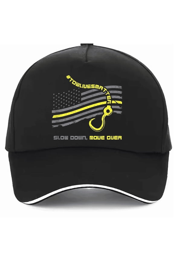 Men's & Women's Tow Truck Operator Safety Awareness Baseball Cap Lightweight Polyester Casual Black Hat with American Flag & Yellow Text Design, Adjustable Snapback Closure for Truck Enthusiasts &