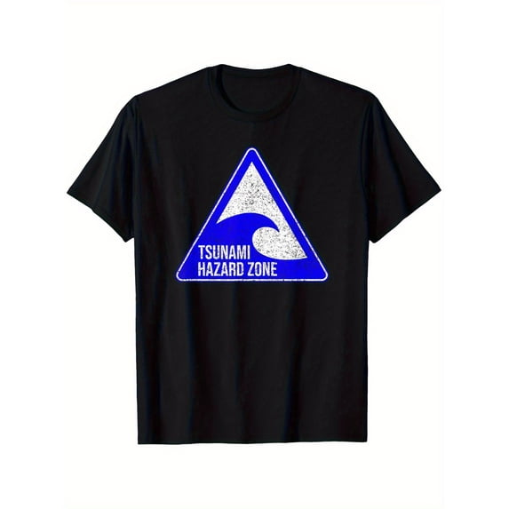 Men's & Women's Tsunami Hazard Zone Graphic T-Shirt - Japanese tsunami wave design - Soft Stretch Fit Crew Neck Tee - Machine Washable All-Season Shirt for Beach, tsunami drills - Sizes S-XXL