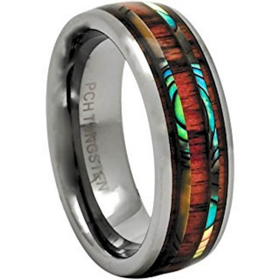 Men's Women's Tungsten Ring Abalone Koa Wood Wedding Band 8mm (10.5)