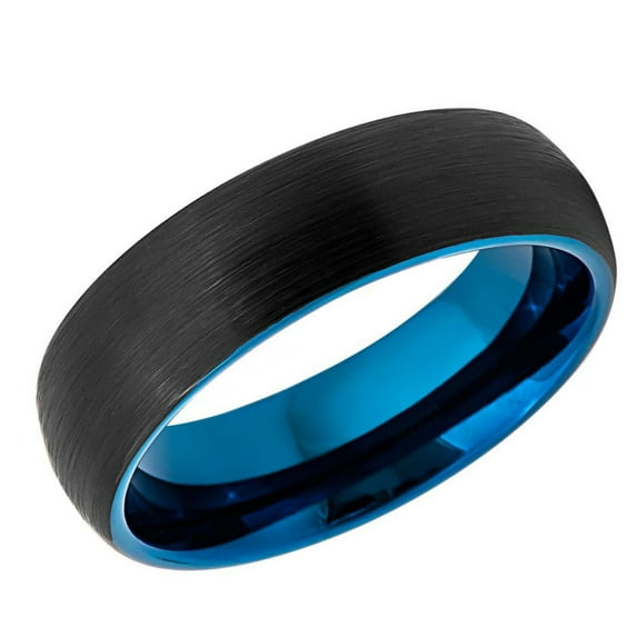 Men's Women's Tungsten Wedding Band Engagement Ring 6mm Brushed Black & Blue Ring, SZ 7