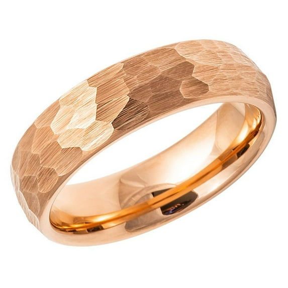 Men's Women's Tungsten Wedding Band Engagement Ring 6mm Hammered Rose Gold Plated Ring, SZ 7.5