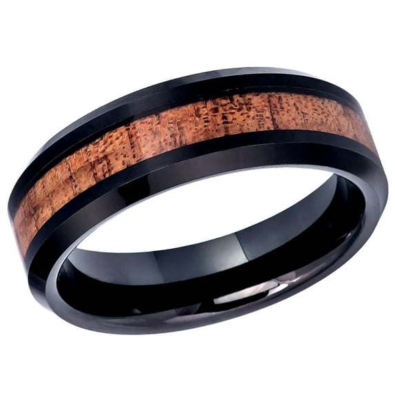 Men's Women's Tungsten Wedding Band Engagement Ring 6mm Hawaian Koa Wood Inlay Black Ring, SZ 7.5